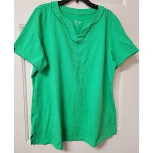 Denim & Co D&Co Green V Neck Tunic Top Tee T Shirt Cute Trim  XL Extra Large